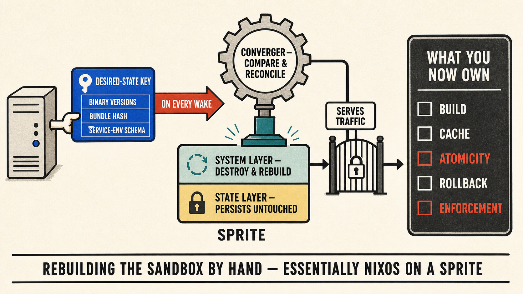 The DIY convergence loop: a server-side desired-state key driving a wake-time converger that rebuilds the system layer while the state layer persists, and the ledger of everything you now own by hand