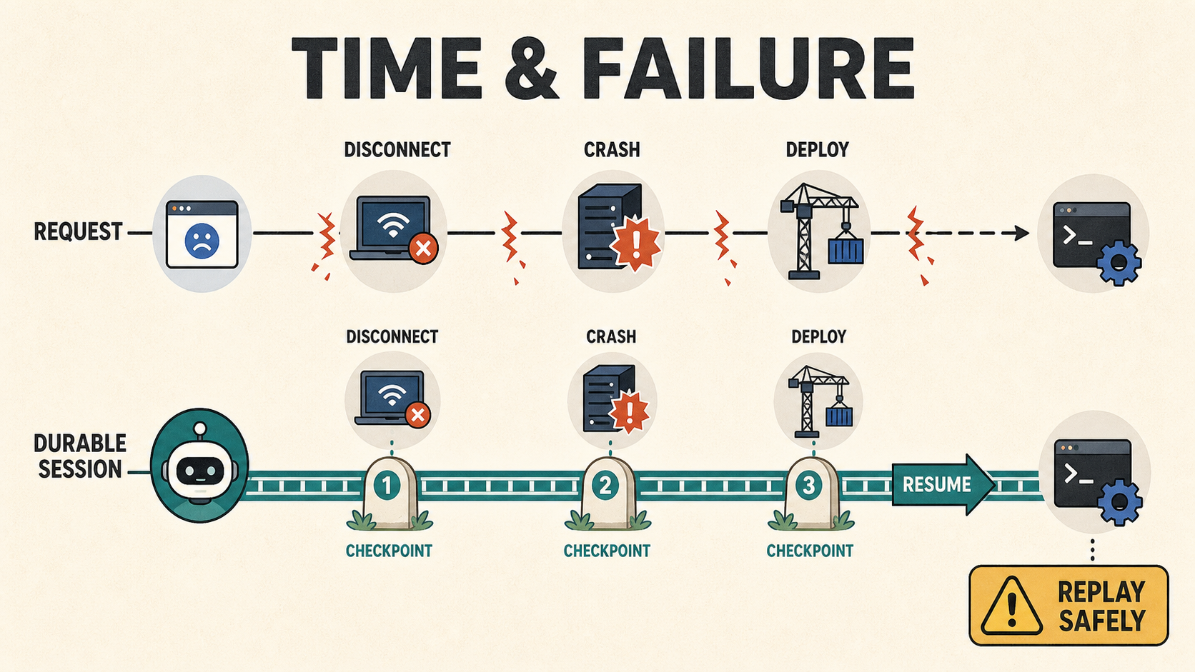 Request-lifetime execution breaking across failures versus a checkpointed durable session